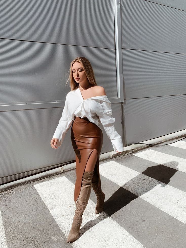 Off-Shoulder White Top with Brown Slit Skirt 